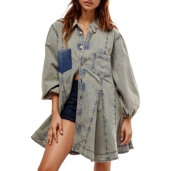 Dresses & Skirts - Women's Denim Dress Casual Long Sleeve Button Front A-Line Babydoll
